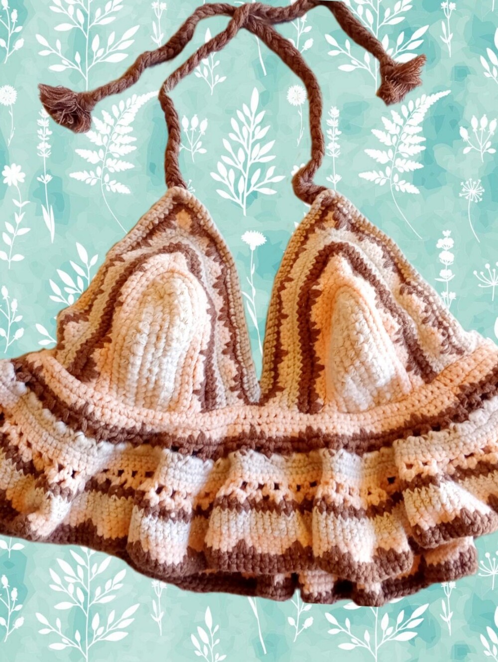 Women's 70's Boho Style Crochet Babydoll Halter Crop Top SzM/L Artisan Made
